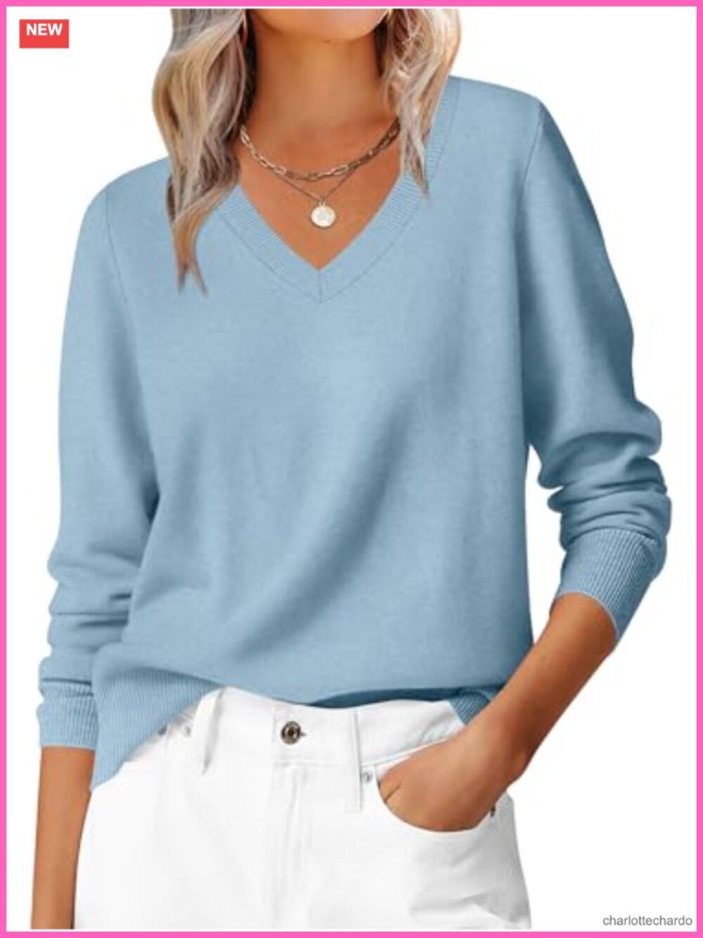 Women's V-Neck Long Sleeve Lightweight Knit Sweater Pullover Casual Ribbed